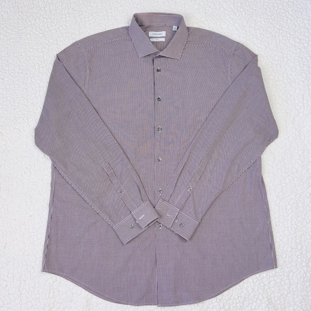 Calvin Klein Dress Shirt Men’s Size XL Burgundy White Checker Button Up Business